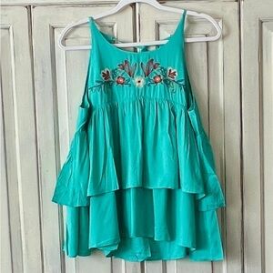 🟠NWT DAVI & DANI Ruffle Tiered Tank in Turquoise with Floral Embroidery LG